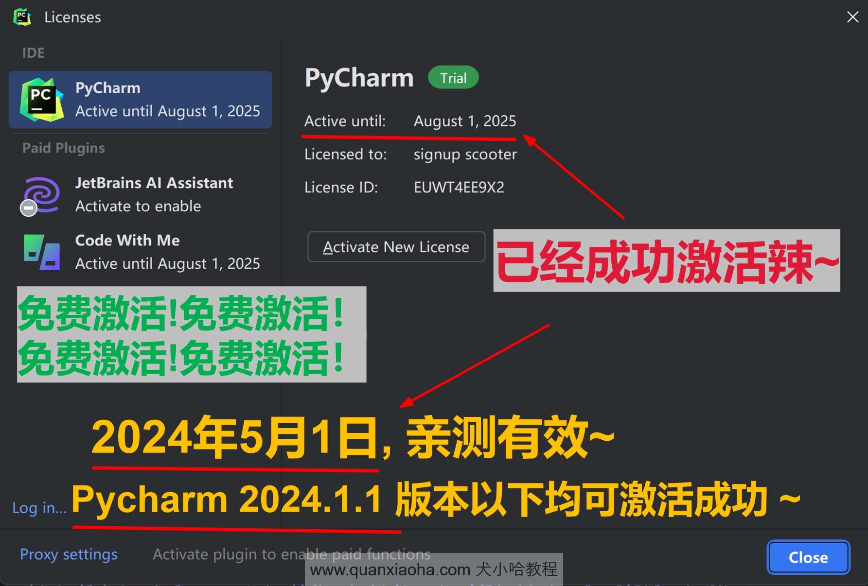 Pycharm 2024.1.1 成功激活成功教程激活截图
