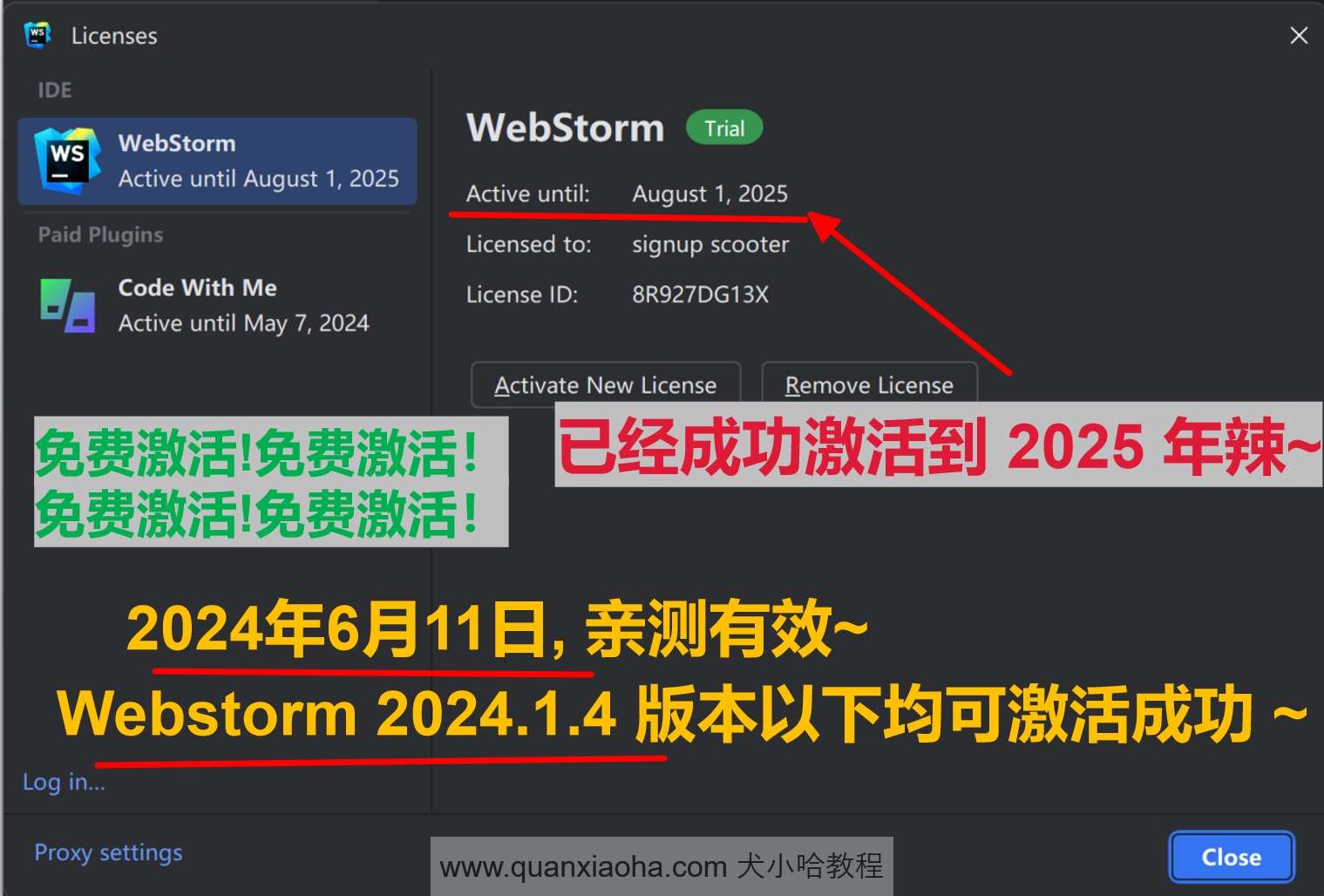 Webstorm 2024.1.4 成功激活至2099年截图
