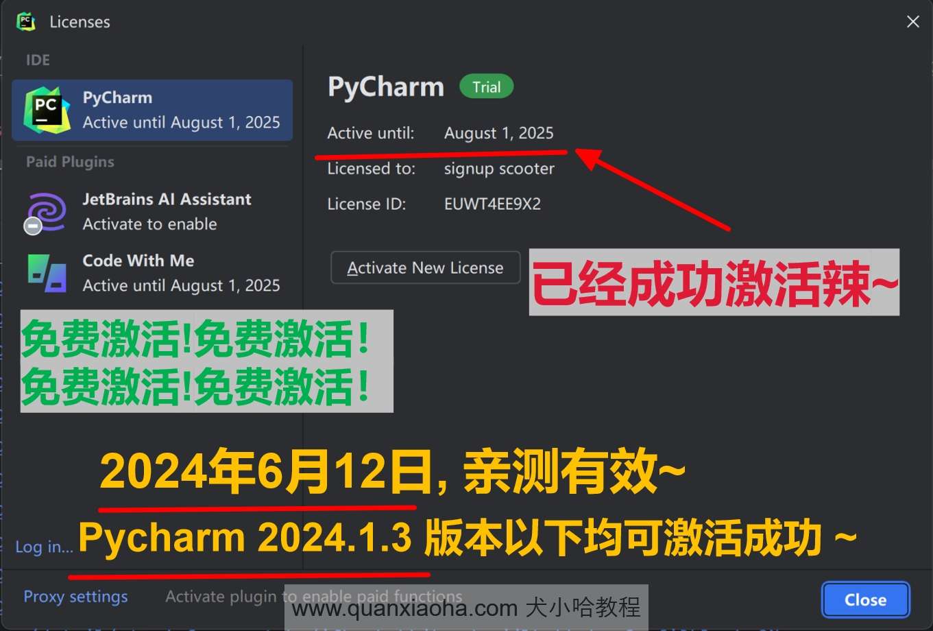 Pycharm 2024.1.3 成功激活成功教程激活截图