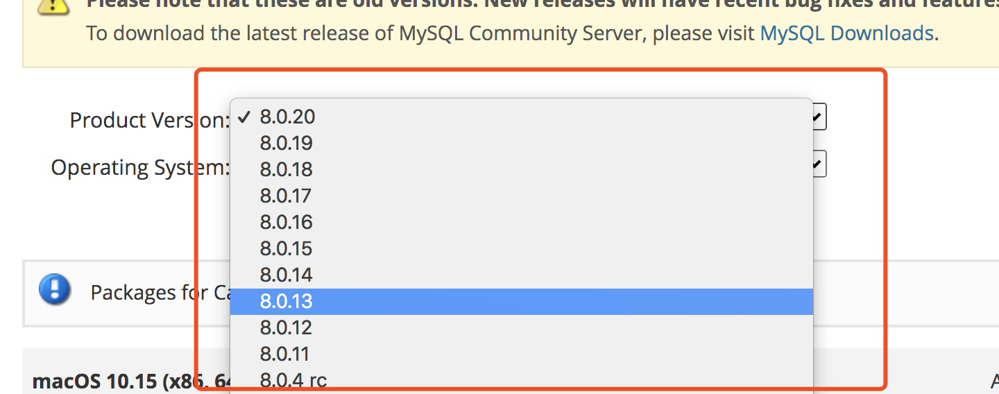 在这儿选MySQL的版本，选中可以看到对应的Mac系统版本